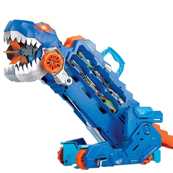 Produktbild: Der Hot Wheels City Ultimative Transporter verwandelt sich in einen T-Rex mit Rennstrecke, Aufbewahrung von mehr als 20 Autos