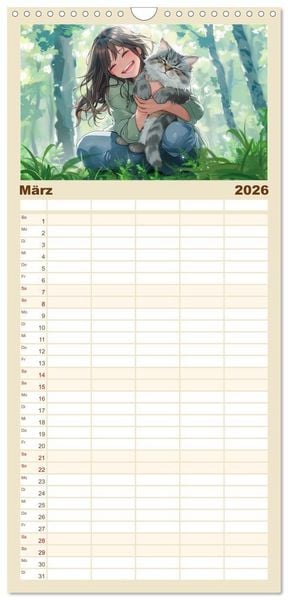 Produktbild: Familienplaner 2026 - Tierische Anime-Freunde - Fr&ouml;hliche Streifz&uuml;ge mit Hund und Katze mit 5 Spalten (Wandkalender, 21 x 45 cm) CALVENDO
