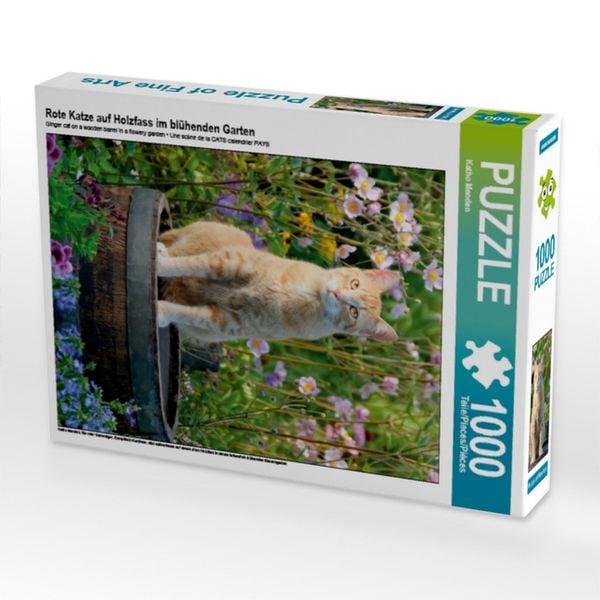 CALVENDO Puzzle Rote Katze auf Holzfass im blühenden Garten | 1000 Teile Lege-Größe 64x48cm Foto-Puzzle für glückliche Stunden