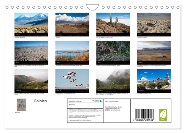 Produktbild: Bolivien (Wandkalender 2026 DIN A4 quer), CALVENDO Monatskalender