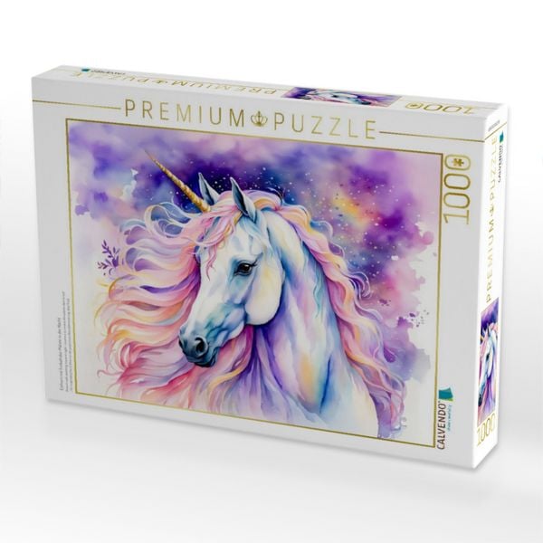 Produktbild: CALVENDO Puzzle Einhorn mit funkelnder M&auml;hne in der Nacht | 1000 Teile Lege-Gr&ouml;&szlig;e 64x48cm Foto-Puzzle f&uuml;r gl&uuml;ckliche Stunden