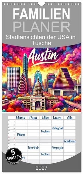 Produktbild: Familienplaner 2027 - Stadtansichten der USA in Tusche mit 5 Spalten (Wandkalender, 21 x 45 cm) CALVENDO
