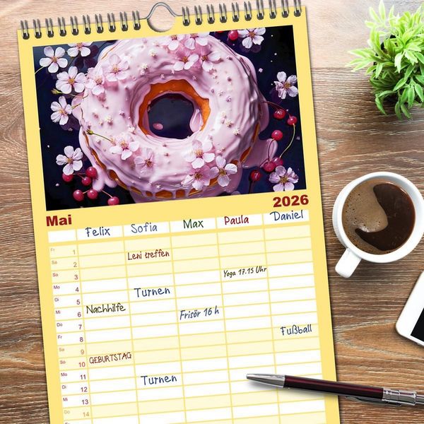Produktbild: Familienplaner 2026 - Bunte Donut-Tr&auml;ume - Himmlischer Geschmack aus Krapfenteig mit 5 Spalten (Wandkalender, 21 x 45 cm) CALVENDO