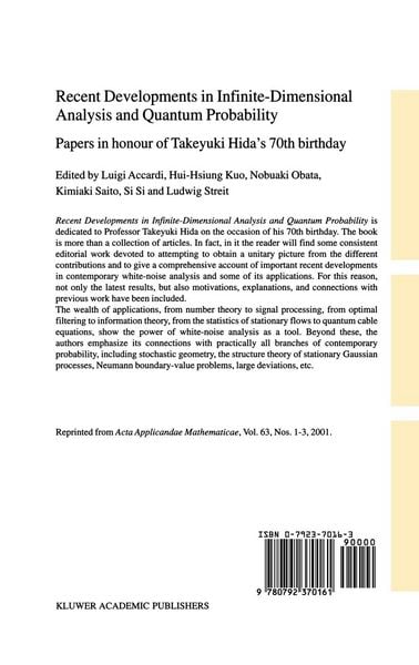 Produktbild: Recent Developments in Infinite-Dimensional Analysis and Quantum Probability