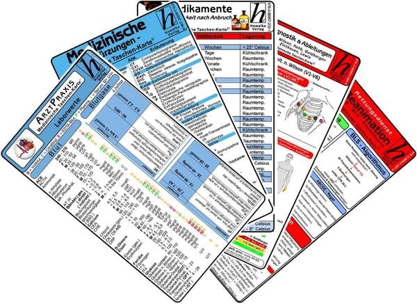 Arztpraxis Karten-Set 2025 - Labor Normwerte, Medikamente, Medizinische Abkürzungen, EKG Diagnostik & Ableitungen, Reani