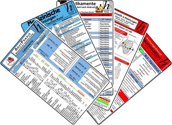 Arztpraxis Karten-Set - Labor Normwerte, Medikamente, Medizinische Abkürzungen, EKG Diagnostik & Ableitungen, Reanimatio