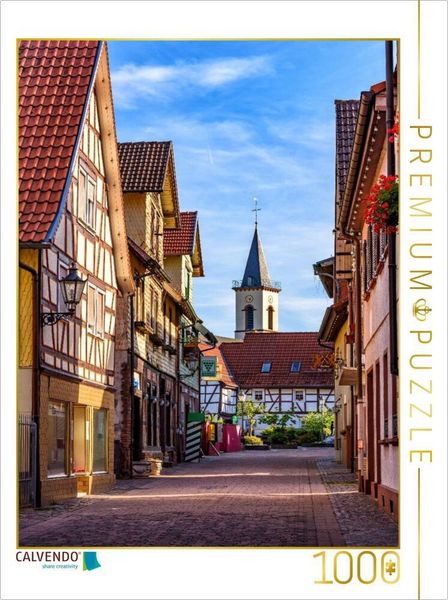 CALVENDO Puzzle Historische Bürgerhäuser in der Burgstraße mit Turm der evangelischen Kirche, Lindenfels im Odenwald in Hessen | 1000 Teile Lege-Größe