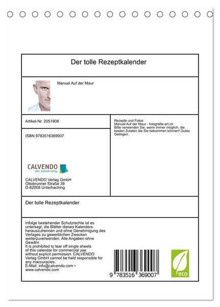 Produktbild: Der tolle Rezeptkalender (Tischkalender 2026 DIN A5 hoch), CALVENDO Monatskalender