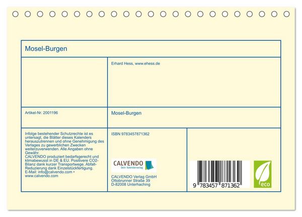 Produktbild: Mosel-Burgen (Tischkalender 2026 DIN A5 quer), CALVENDO Monatskalender