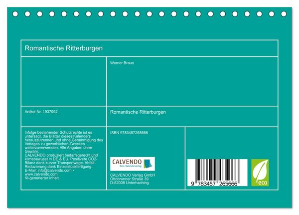Produktbild: Romantische Ritterburgen (Tischkalender 2026 DIN A5 quer), CALVENDO Monatskalender