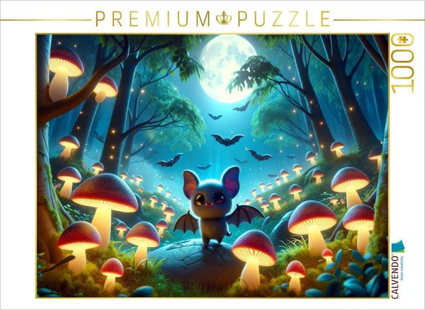 Produktbild: CALVENDO Puzzle Kleine Vampirflederm&auml;use erkunden einen leuchtenden Pilzwald | 1000 Teile Lege-Gr&ouml;&szlig;e 64x48cm Foto-Puzzle f&uuml;r gl&uuml;ckliche Stunden