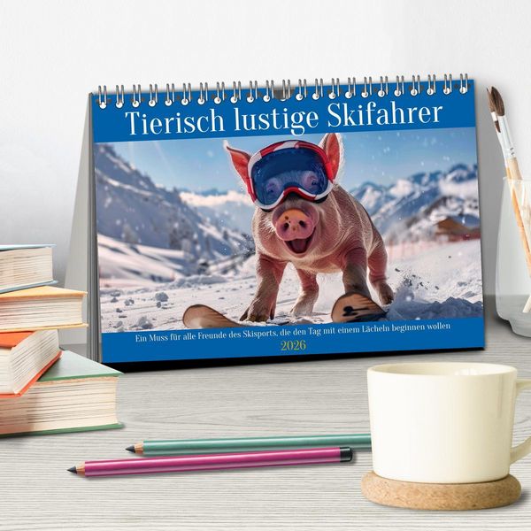 Produktbild: Tierisch lustige Skifahrer (Tischkalender 2026 DIN A5 quer), CALVENDO Monatskalender