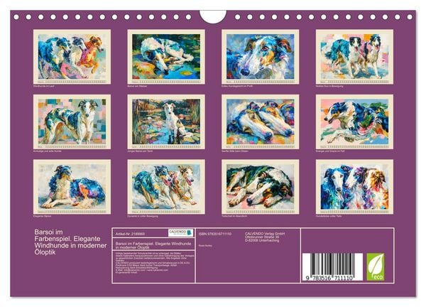 Produktbild: Barsoi im Farbenspiel. Elegante Windhunde in moderner &Ouml;loptik (Wandkalender 2026 DIN A4 quer), CALVENDO Monatskalender
