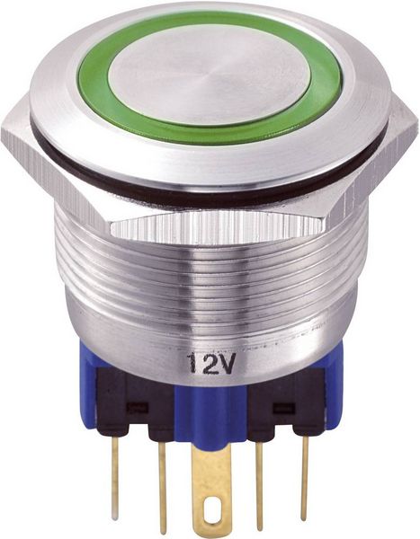 Produktbild: TRU COMPONENTS 701977 GQ22-11E/G/12V Vandalismusgesch&uuml;tzter Drucktaster 250 V/AC 5 A 1 x Ein/(Ein) tastend Gr&uuml;n IP65 1 St.