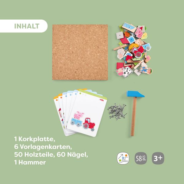 Produktbild: HABA 2013378001 - Hammer-Nagelspiel Bauernhof, 58-teilig, Lernspiel