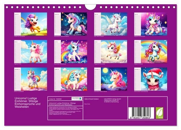 Produktbild: Unicorns! Lustige Einh&ouml;rner. Witzige Einhornspr&uuml;che und Weisheiten (Wandkalender 2026 DIN A4 quer), CALVENDO Monatskalender