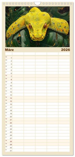 Produktbild: Familienplaner 2026 - Schlangen. Faszination Reptilien. Kunstvolle Paintings mit 5 Spalten (Wandkalender, 21 x 45 cm) CALVENDO