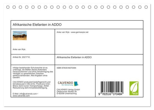 Produktbild: Afrikanische Elefanten in ADDO (Tischkalender 2026 DIN A5 quer), CALVENDO Monatskalender