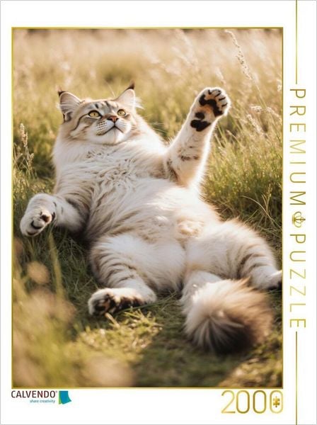 Produktbild: CALVENDO Puzzle Eine Maine Coon Katze liegt entspannt im hohen Gras und streckt spielerisch ihre Pfote aus. | 2000 Teile Lege-Gr&ouml;&szlig;e 90x67cm Foto-Puzzl