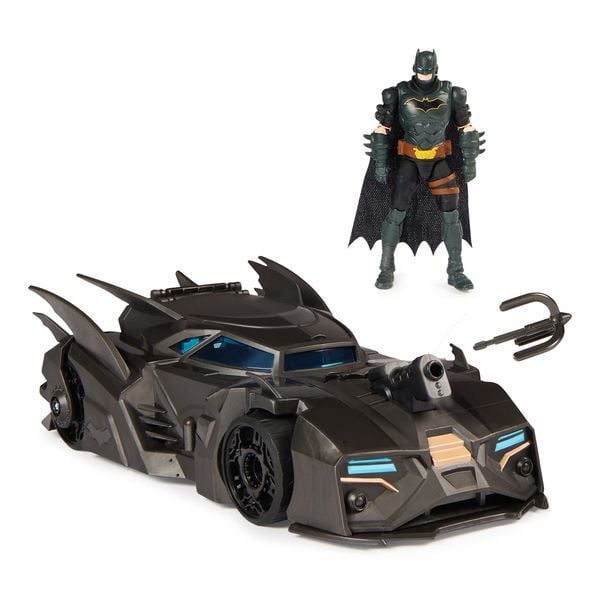 Produktbild: DC Comics Batman Offroad Batmobile mit Fanghaken-Katapult und Gitter-Zelle im Heck, inkl. 10-cm Batman Figur, f&uuml;r Superheldenfans ab 4 Jahren