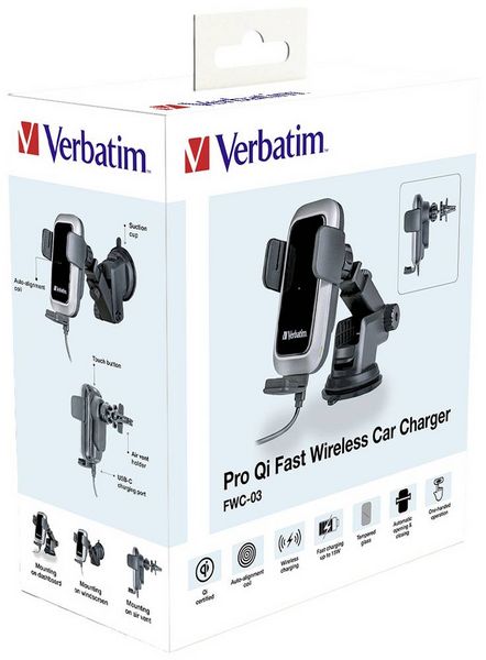 Produktbild: Verbatim Induktions-Ladeger&auml;t 15 W FWC-03 Pro Qi Fast Wireless Car Charger 49554 Ausg&auml;nge Magnetanschluss Schwarz