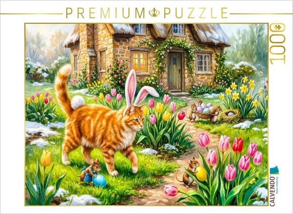 CALVENDO Puzzle Katze mit Osterohren und Mäusen im frühlingshaften Cottagegarten unterwegs | 1000 Teile Lege-Größe 64 × 48 cm Foto-Puzzle für glückliche Stunden