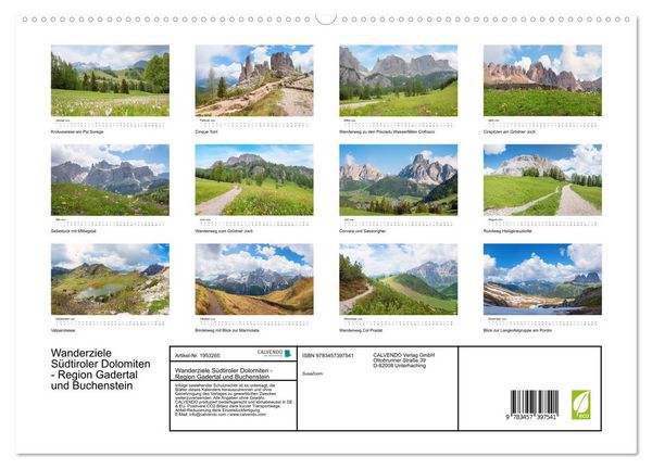 Produktbild: Wanderziele S&uuml;dtiroler Dolomiten - Region Gadertal und Buchenstein (hochwertiger Premium Wandkalender 2026 DIN A2 quer), Kunstdruck in Hochglanz