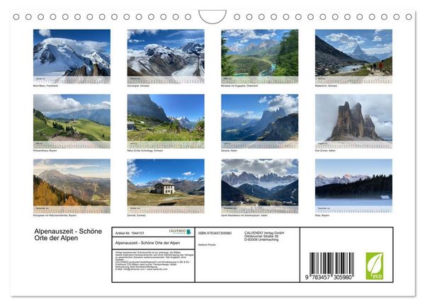 Produktbild: Alpenauszeit - Sch&ouml;ne Orte der Alpen (Wandkalender 2026 DIN A4 quer), CALVENDO Monatskalender