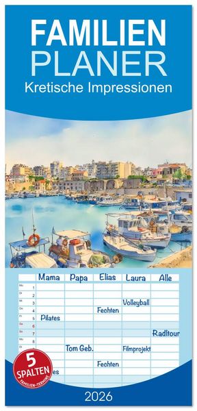 Produktbild: Familienplaner 2026 - Kretische Impressionen mit 5 Spalten (Wandkalender, 21 x 45 cm) CALVENDO