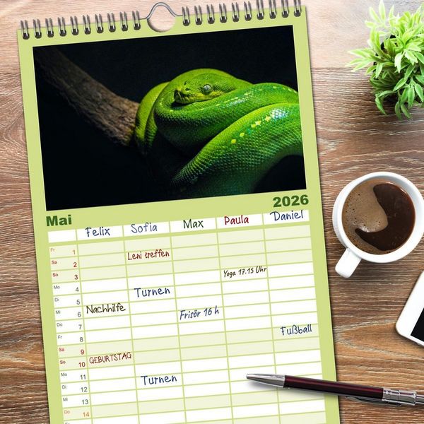 Produktbild: Familienplaner 2026 - Faszination Schlangen mit 5 Spalten (Wandkalender, 21 x 45 cm) CALVENDO