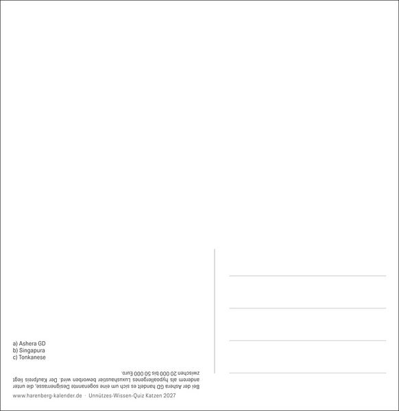 Produktbild: Unn&uuml;tzes-Wissen-Quiz Katzen Premium-Postkartenkalender 2027 - Kalender mit 53 R&auml;tselkarten
