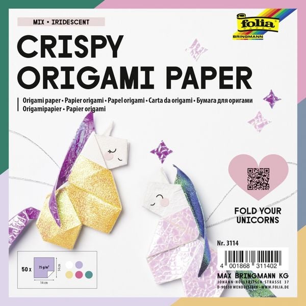 Produktbild: Folia Irisierendes Papier 75g/m&sup2;, 14x14cm, 50 Blatt, 2 Pr&auml;gungen farbig sortiert