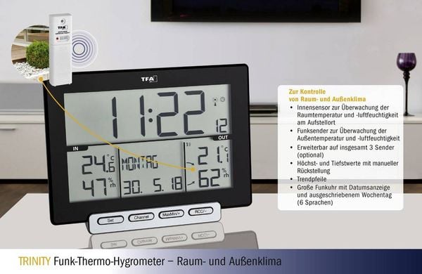 Produktbild: TFA Dostmann Trinity Funk-Thermo-/Hygrometer Schwarz 30.3058.01