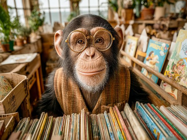 Produktbild: CALVENDO Puzzle Ein Schimpanse mit Brille und Weste steht hinter einem B&uuml;cherregal in einem gem&uuml;tlichen kleinen Buchladen | 1000 Teile Lege-Gr&ouml;&szlig;e 64x4