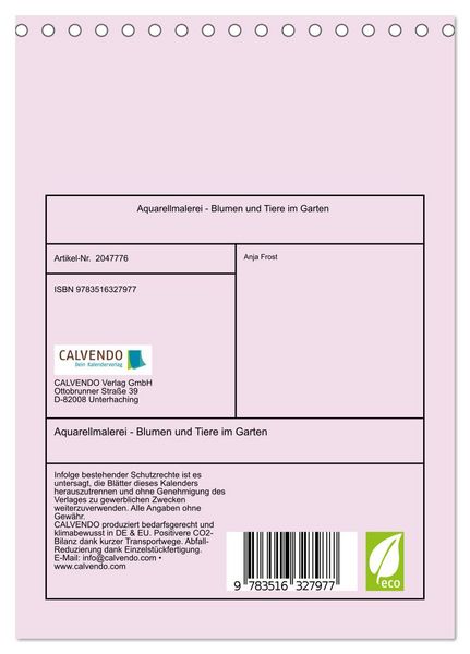 Produktbild: Aquarellmalerei - Blumen und Tiere im Garten (Tischkalender 2026 DIN A5 hoch), CALVENDO Monatskalender