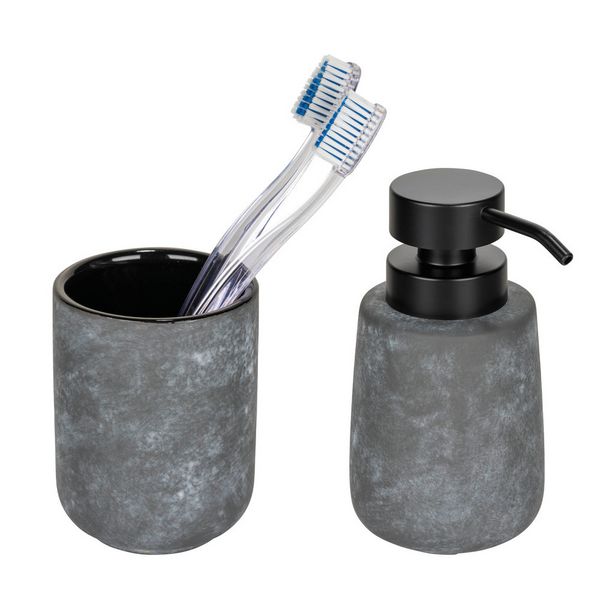 Produktbild: Bad-Accessoire Set Mod. Sacile, grau/schwarz, Keramik/Kunststoff, &Oslash; 9 x 16 cm, f&uuml;r stilvolle