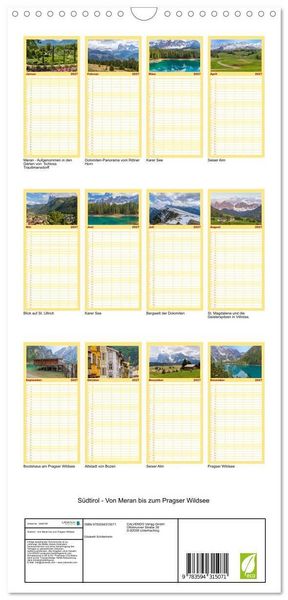 Produktbild: Familienplaner 2027 - S&uuml;dtirol - Von Meran bis zum Pragser Wildsee mit 5 Spalten (Wandkalender, 21 x 45 cm) CALVENDO