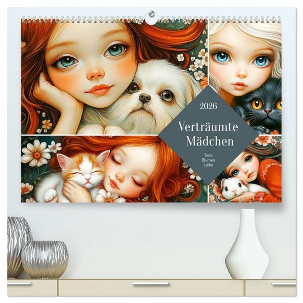 Produktbild: Vertr&auml;umte M&auml;dchen. Tiere, Blumen, Liebe. (hochwertiger Premium Wandkalender 2026 DIN A2 quer), Kunstdruck in Hochglanz