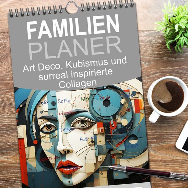 Produktbild: Familienplaner 2026 - Art Deco. Kubismus und surreal inspirierte Collagen mit 5 Spalten (Wandkalender, 21 x 45 cm) CALVENDO