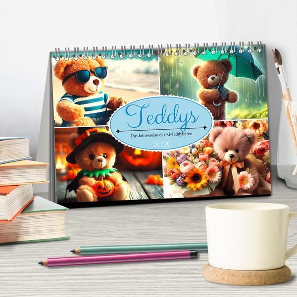 Produktbild: Teddys - Die Jahresreise der KI-Teddyb&auml;ren (Tischkalender 2026 DIN A5 quer), CALVENDO Monatskalender