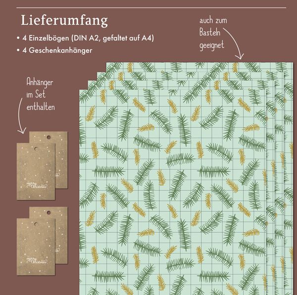 Produktbild: Geschenkpapier Set Weihnachten f&uuml;r Erwachsene: Tannenzweige, kariert (modern, edel, gr&uuml;n)