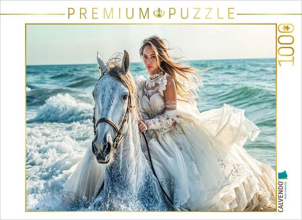 CALVENDO Puzzle Braut auf Pferd in Meereswellen | 1000 Teile Lege-Größe 64x48cm Foto-Puzzle für glückliche Stunden