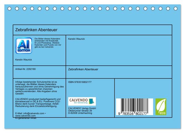 Produktbild: Zebrafinken Abenteuer (Tischkalender 2027 DIN A5 quer), CALVENDO Monatskalender