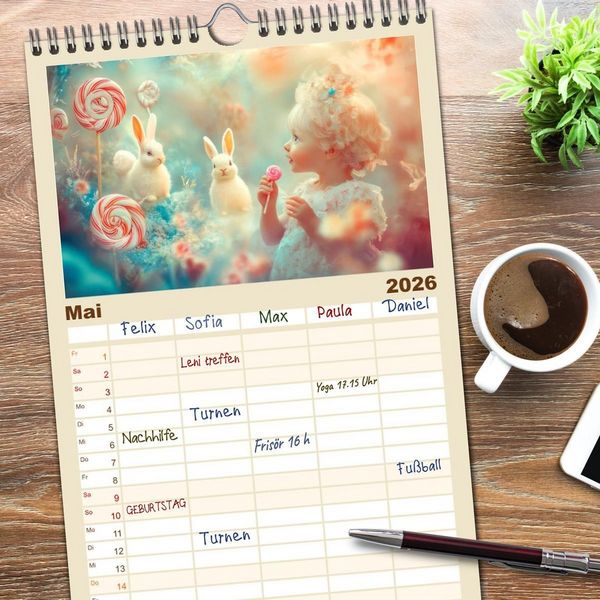 Produktbild: Familienplaner 2026 - Vertr&auml;umte Begegnungen - Kinderkalender mit 5 Spalten (Wandkalender, 21 x 45 cm) CALVENDO