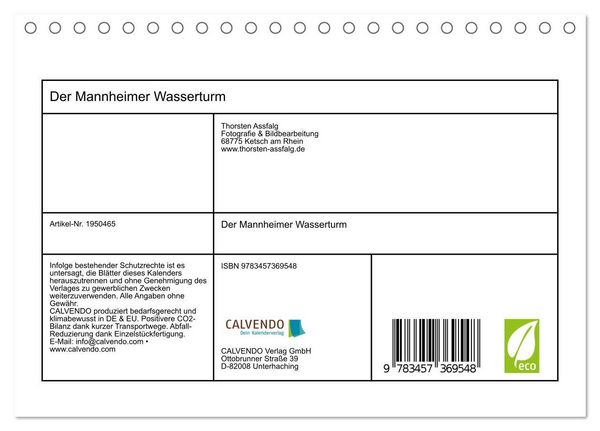 Produktbild: Der Mannheimer Wasserturm (Tischkalender 2026 DIN A5 quer), CALVENDO Monatskalender