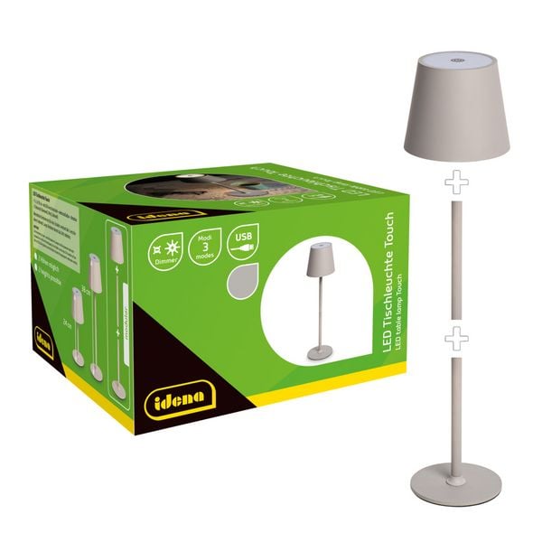 Produktbild: Idena LED Tischleuchte Touch Metall grau 11x24/38cm Akku USB dimmbar 3 Modi Innen und Au&szlig;en
