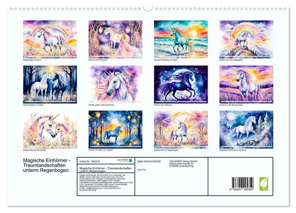Produktbild: Magische Einh&ouml;rner - Traumlandschaften unterm Regenbogen (hochwertiger Premium Wandkalender 2026 DIN A2 quer), Kunstdruck in Hochglanz