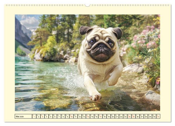 Produktbild: Mops trifft Berglust. Fidele Gipfelst&uuml;rmer im H&ouml;henrausch (hochwertiger Premium Wandkalender 2026 DIN A2 quer), Kunstdruck in Hochglanz
