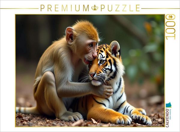 CALVENDO Puzzle Äffchen mit jungem Tiger | 1000 Teile Lege-Größe 64x48cm Foto-Puzzle für glückliche Stunden