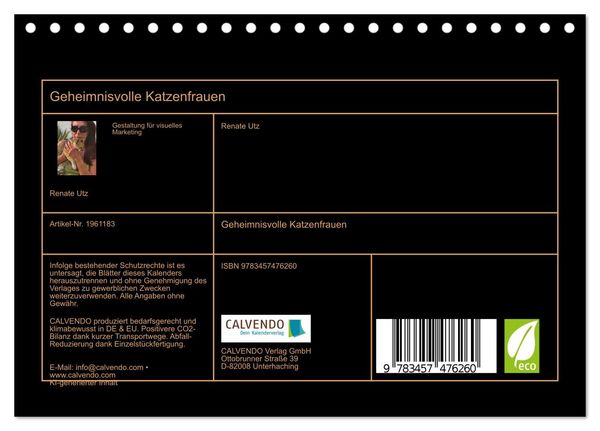 Produktbild: Geheimnisvolle Katzenfrauen (Tischkalender 2026 DIN A5 quer), CALVENDO Monatskalender